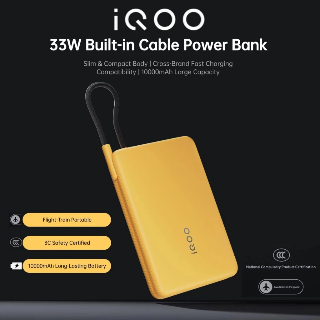 3C Certified iQOO Built-in Cable Power Bank 